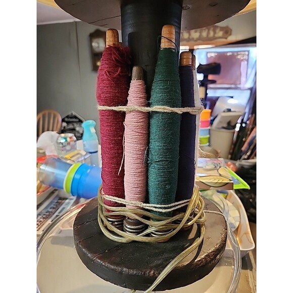 Handmade Folk Art Lamp Rustic Wood Base Textile Spools Painted Cottage Shade - Picture 2 of 13